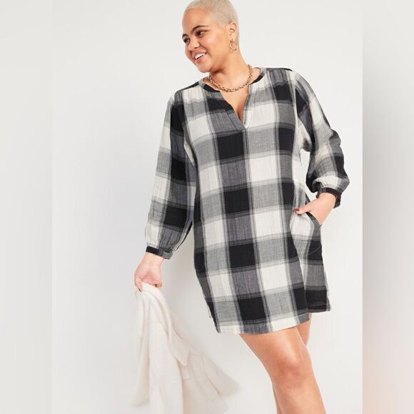 OLD NAVY Black & White Plaid Flannel DRESS Long Sleeves 2X - Picture 2 of 9